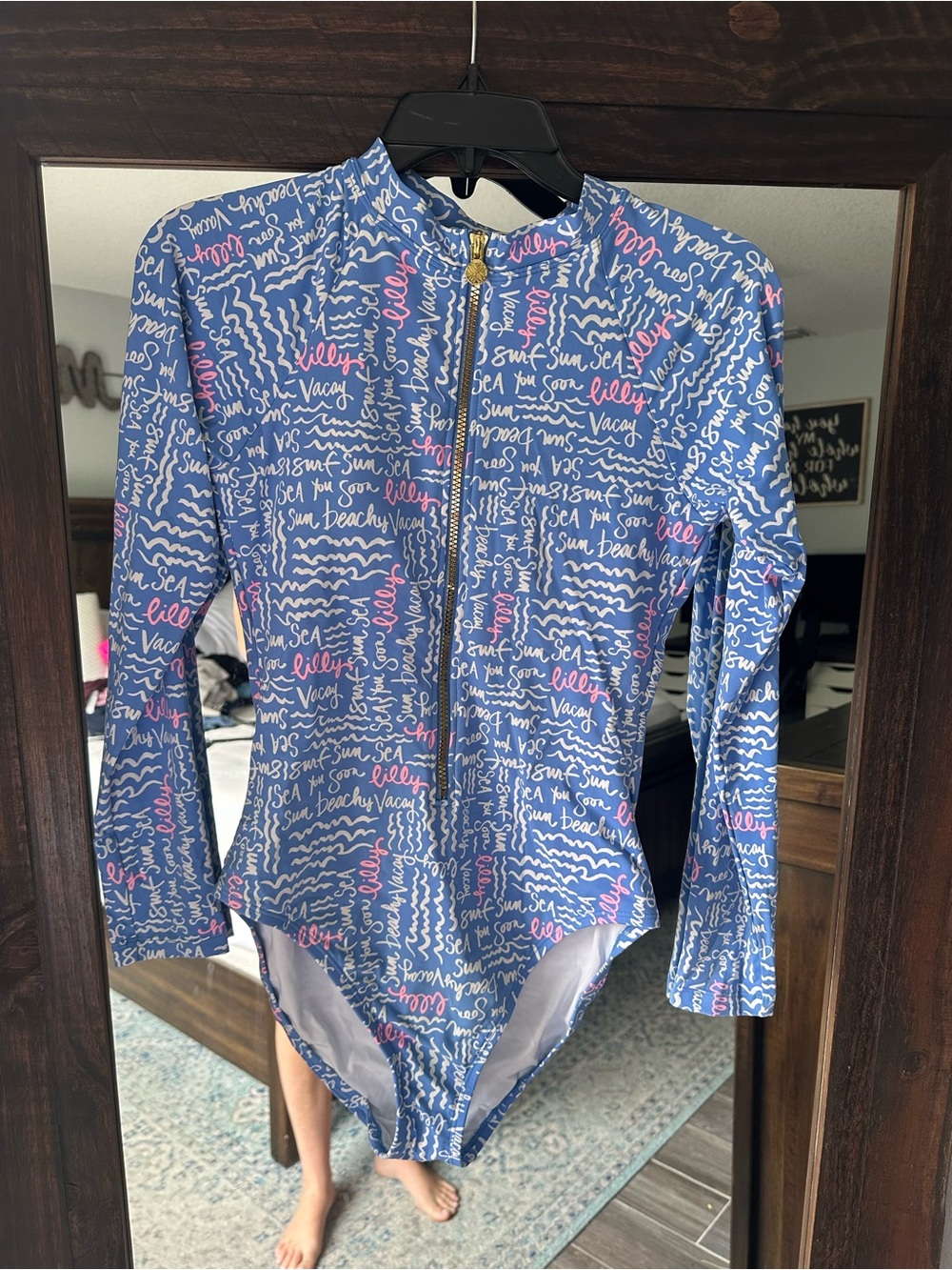 Lilly Pulitzer Blue Script-Print Long-Sleeve One-Piece Swimsuit